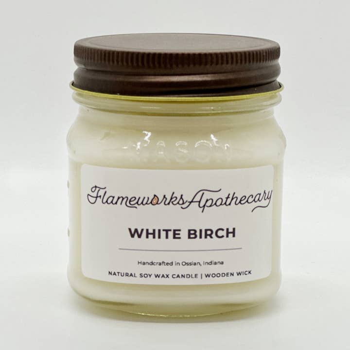 White Birch 8 oz Mason Jar houten lont kaars voor wholesale door Flameworks Apothecary
