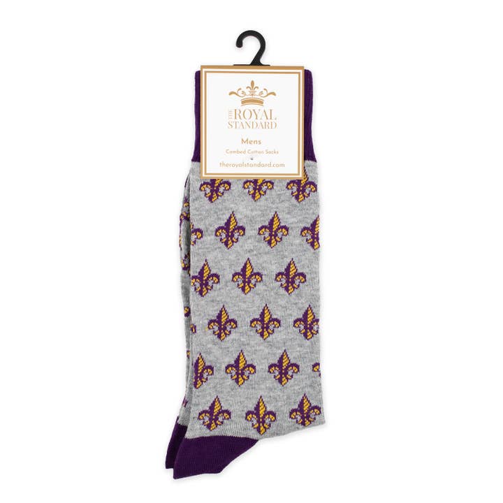 Fleur De Lis Socken für Herren, Grau/Lila/Gelb, Einheitsgröße für den Großhandel von The Royal Standard