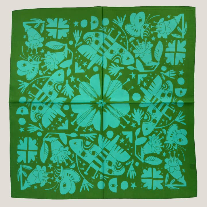 Night Pollinators Green and Turquoise Scarf 100% Silk for wholesale by Voyager Silk