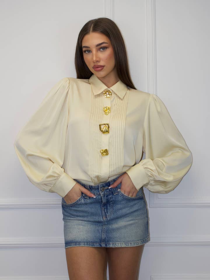 Collared large sleeve satin blouse with golden buttons for wholesale by Chilli Girl Collection