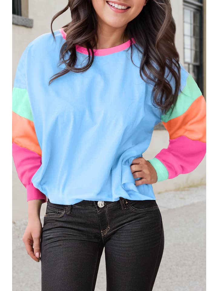 66DISCO - Wholesale T-Shirt - Women's - Color Block Round Neck Long Sleeve T Shirt (S-2XL)