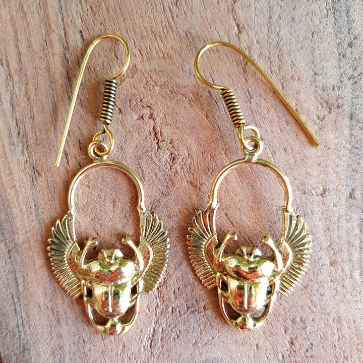 Golden Scarab Dangle Earrings Ancient Egypt ; Beetle Earrings, Drop; Ethnic, rustic, hippie, gypsy, pretty, psy, boho, bohemian, festival for wholesale by Kaali Boutique