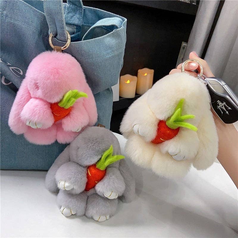 Plush Looks - Wholesale Keychain - Women's - Rex Rabbit Fur Cute Fluffy Bunny Holding Carrot Keychain9