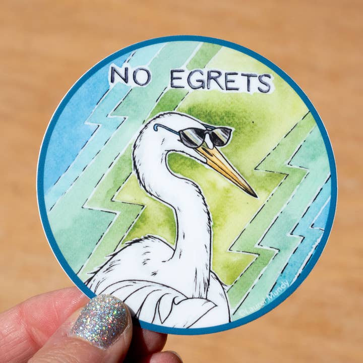 No Egrets 3” Round Vinyl Great Egret Sticker for wholesale by Laurel Mundy Illustration