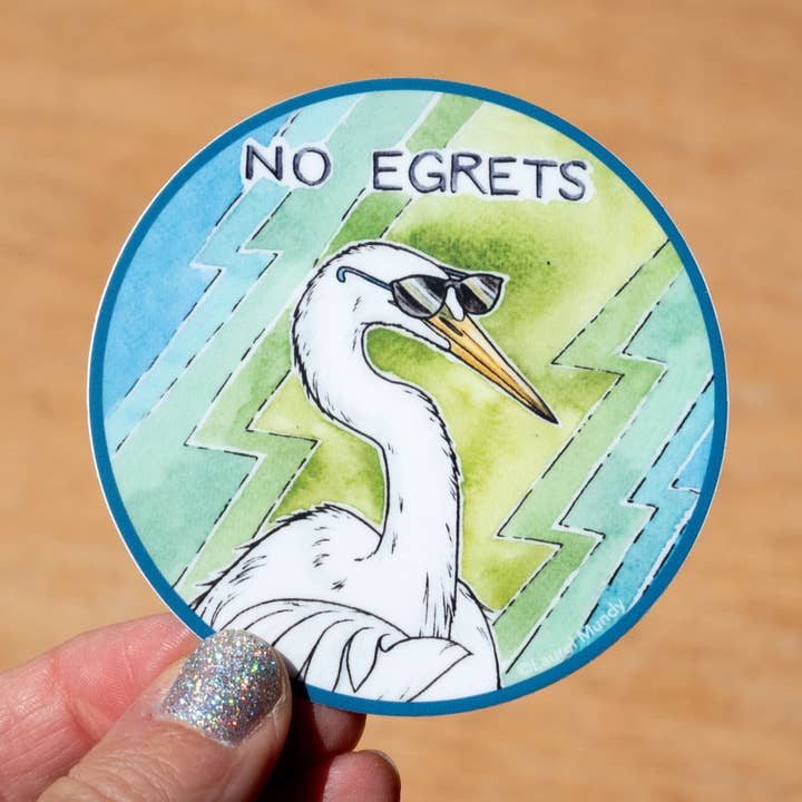 No Egrets 3” Round Vinyl Great Egret Sticker for wholesale by Laurel Mundy Illustration