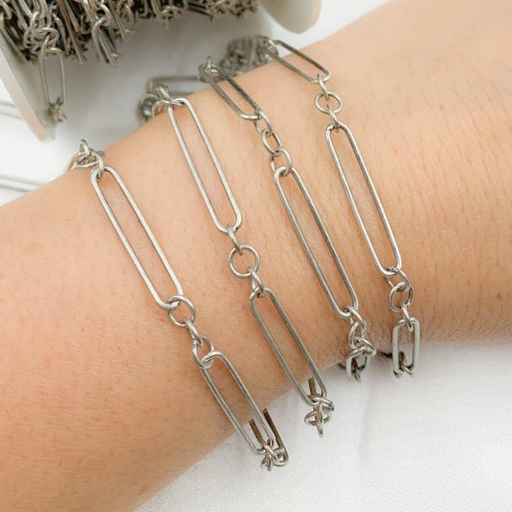 V38OX. Oxidized Sterling Silver Paperclip and Round Link Chain. for wholesale by Jewels & Chains