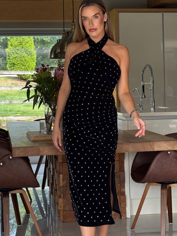 Bessie Halter Neck Side Split Midi Dress Beaded Velvet for wholesale by Girl in mind