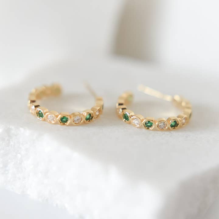 Bella Rey jewelry - Wholesale Hoop Earrings - Mayble gold plated hoop studs | emerald green cz1