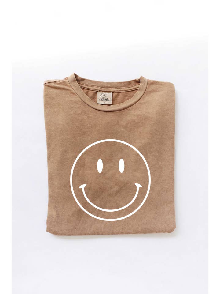 OAT COLLECTIVE - Wholesale Screen Printed T-Shirt - Women's - Smiley Face Mineral Washed Graphic Top - Made to Order