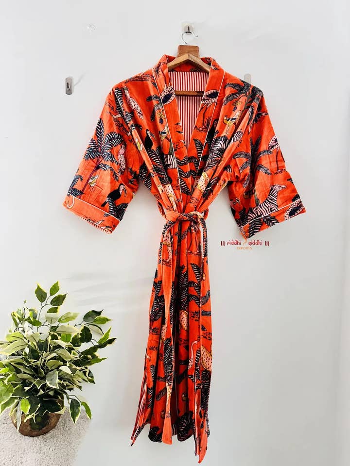 GYPSY STUDIO - Wholesale Robe - Women's - velvet jungle print kimono robe| Handmade stitched robe |