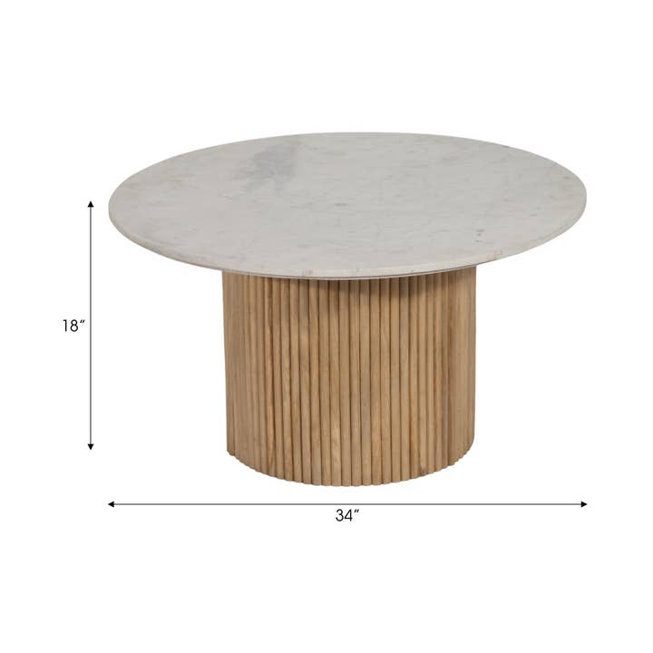 Sagebrook Home - Wholesale Coffee Table - 34 in. Natural/White Round Wood/Marble Reeded Coffee Table
