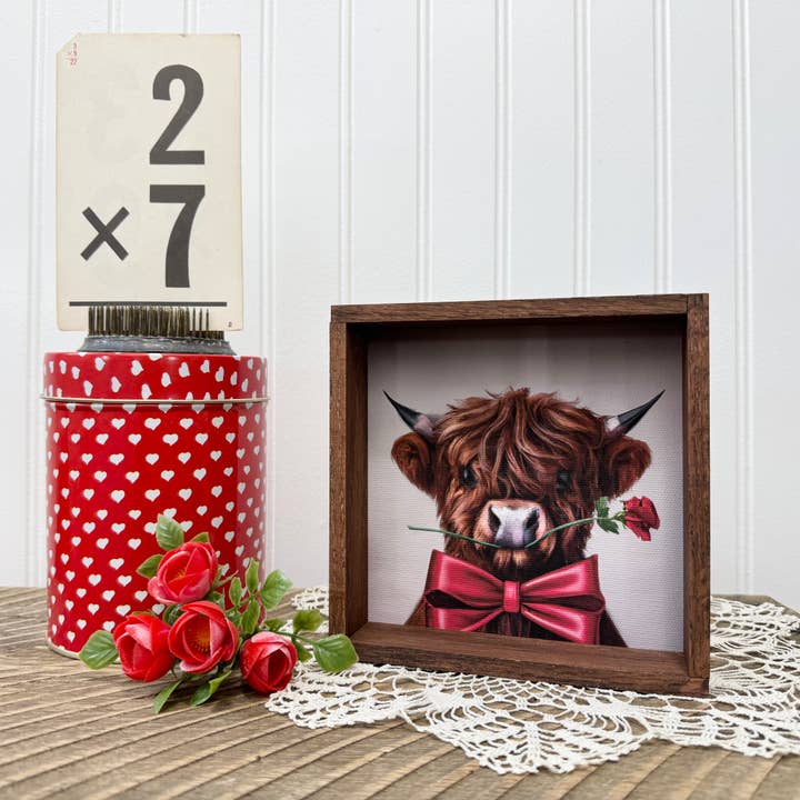 Hangout Home - Wholesale Sign - Valentines Cow Art Sign - Highland Bull with a Rose