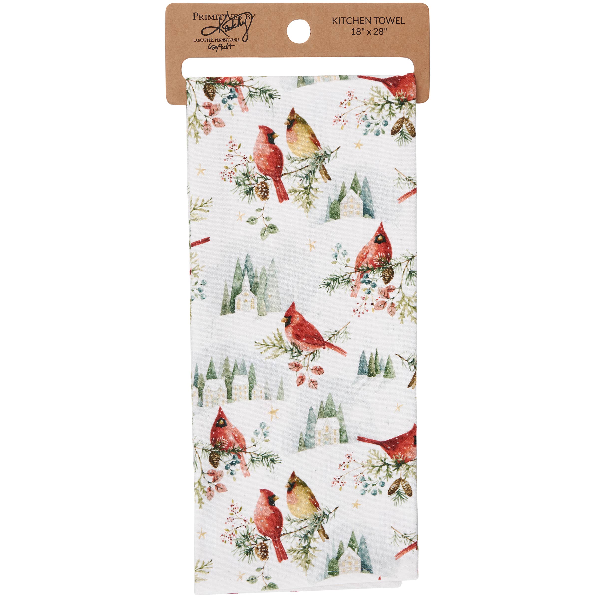 Primitives by Kathy - Wholesale Tea Towel - Winter Cardinals Kitchen Towel2