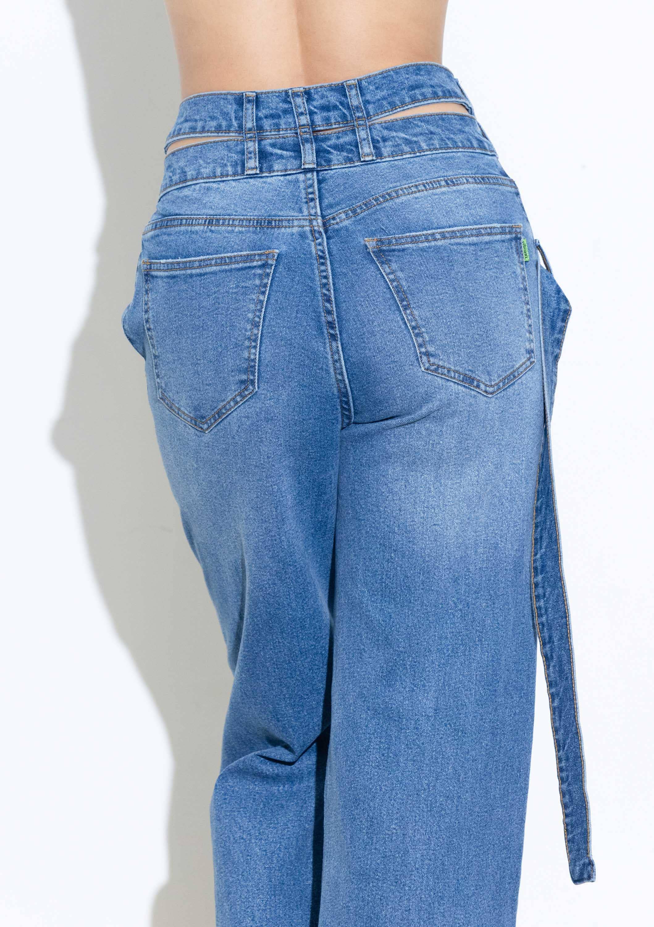 Medium Stone Crossed Waist Belt Line Wide Leg Jeans for wholesale on Faire7