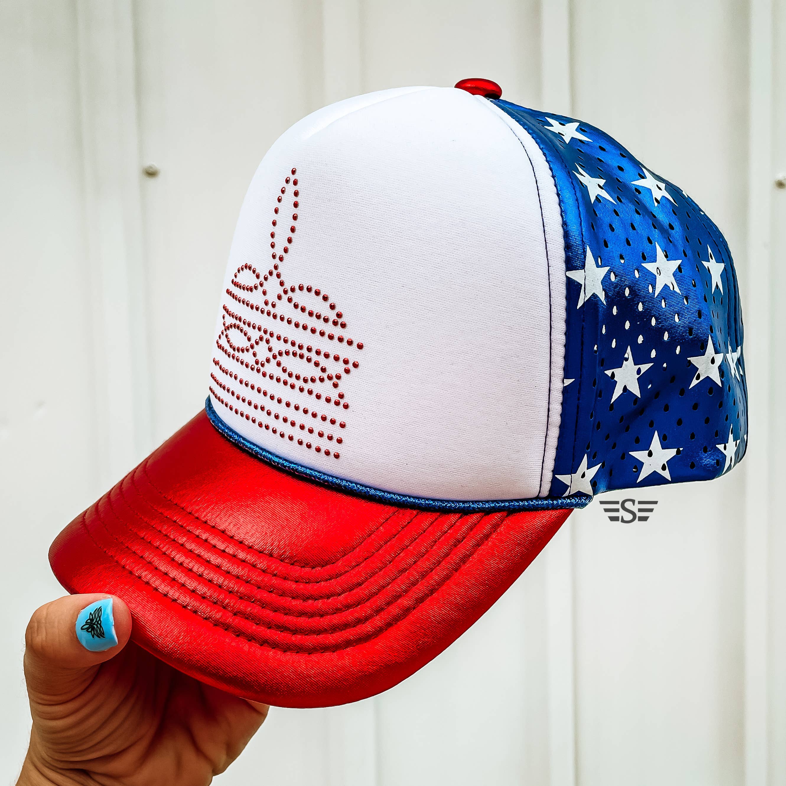 Flying S Company - Venta al por mayor Gorra trucker - Mujer - Gorra Trucker de Malla Estampada con Costura de Bota de Pedrería30