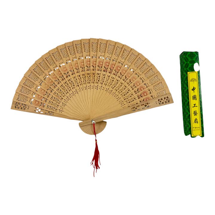 ONE COLOR Dynasty Hollow Laser Cut Wooden Hand Held Folding Fan FN3813 (12PC) for wholesale on Faire4