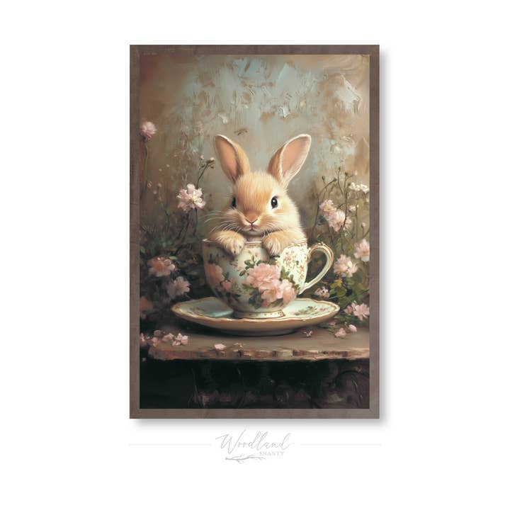 Framed Spring Bunny in Teacup Wall Art Sign for wholesale by Woodland Shanty