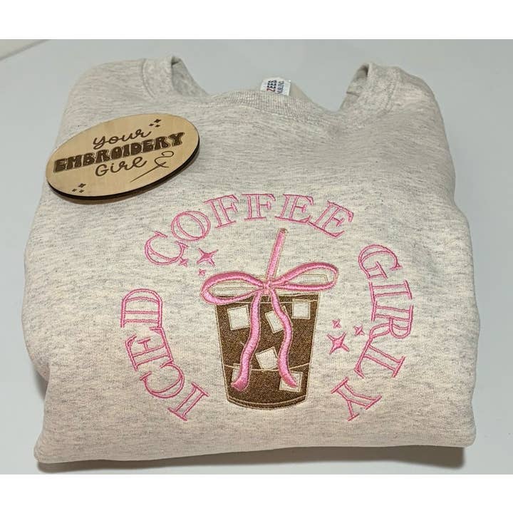Crewneck JERZEES brodé Iced Coffee Girly pour la vente par Your Embroidery Girl