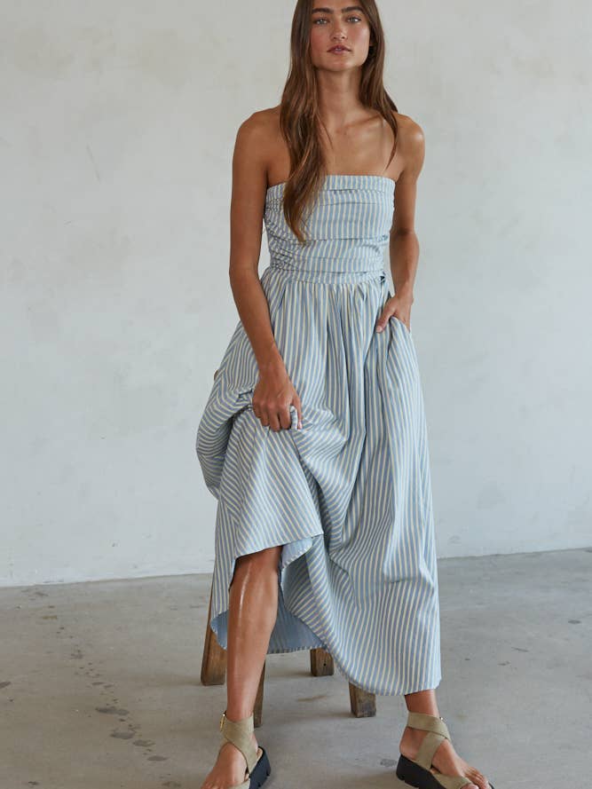 By Together – Engroshandel Kjole - Dame – L6998 | Strimmeløs Flare Maxikjole med Stribet Rørhals5