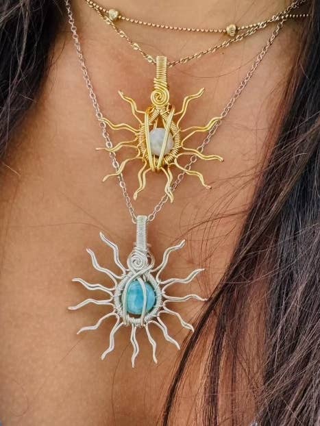 Unique Sun Pendants, gold and silver gemstone necklaces. for wholesale by Manifest Harmony