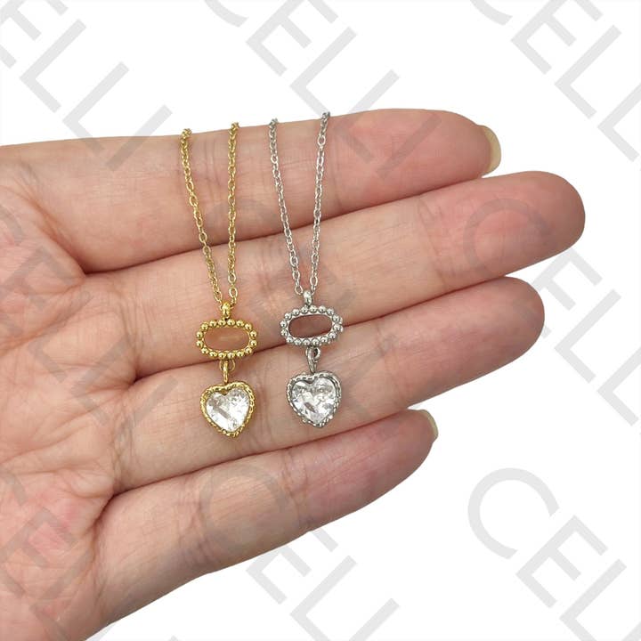 Celli Biju - Wholesale Bib Necklace - Steel Necklace - heart with diamond2