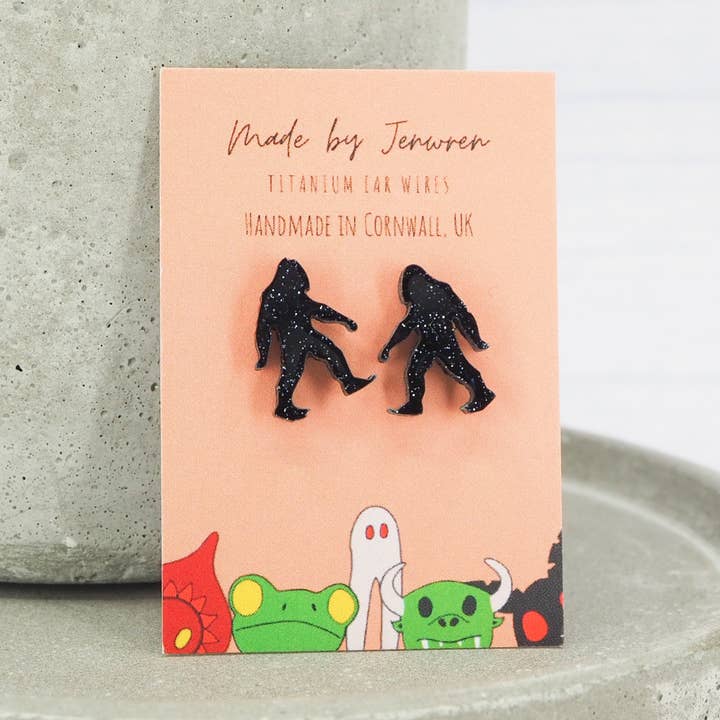 Black glitter Bigfoot studs for wholesale by MadebyJenWren