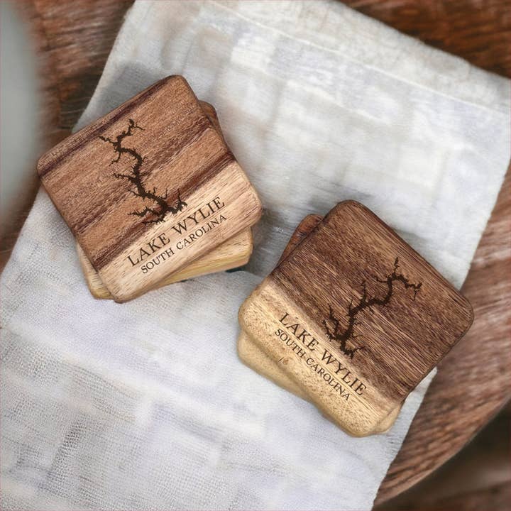 The Lillie Pad - Wholesale Coasters - Custom Lake Map Coasters - Wood Walnut Coasters Set of 43