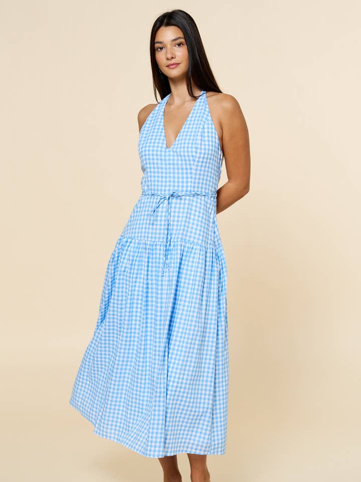 Gingham Print Halter Maxi Dress W/Waist Tie for wholesale by Lalavon
