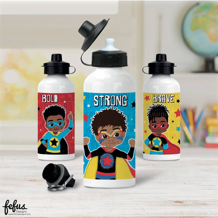 Melanin Boy Magic Aluminium Water Bottle | Fefus Designs for wholesale by Fefus Designs