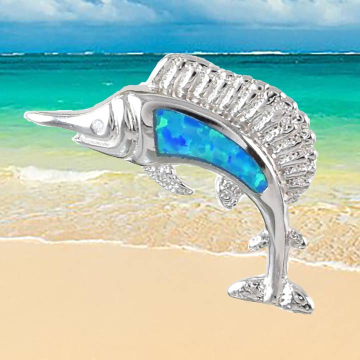 Hawaiian Marlin Pendant, Sterling Silver Blue Opal Inlay Swordfish Marlin Pendant, Hawaiian Jewelry, Christmas Mom Birthday Gift for wholesale by Paradise Treasures Jewelry
