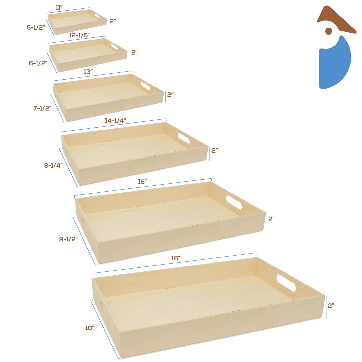 Woodpeckers Crafts - Wholesale Decorative Tray - Unfinished Wood Nesting Trays with Cutout Handles, Set of 64