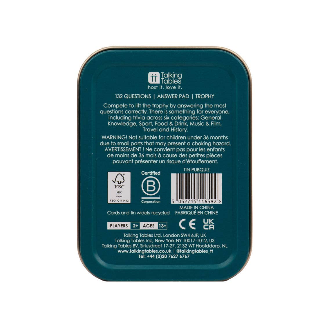 Talking Tables USA - Wholesale Board Game - Pub Quiz Tin Game| Stocking Stuffers |2