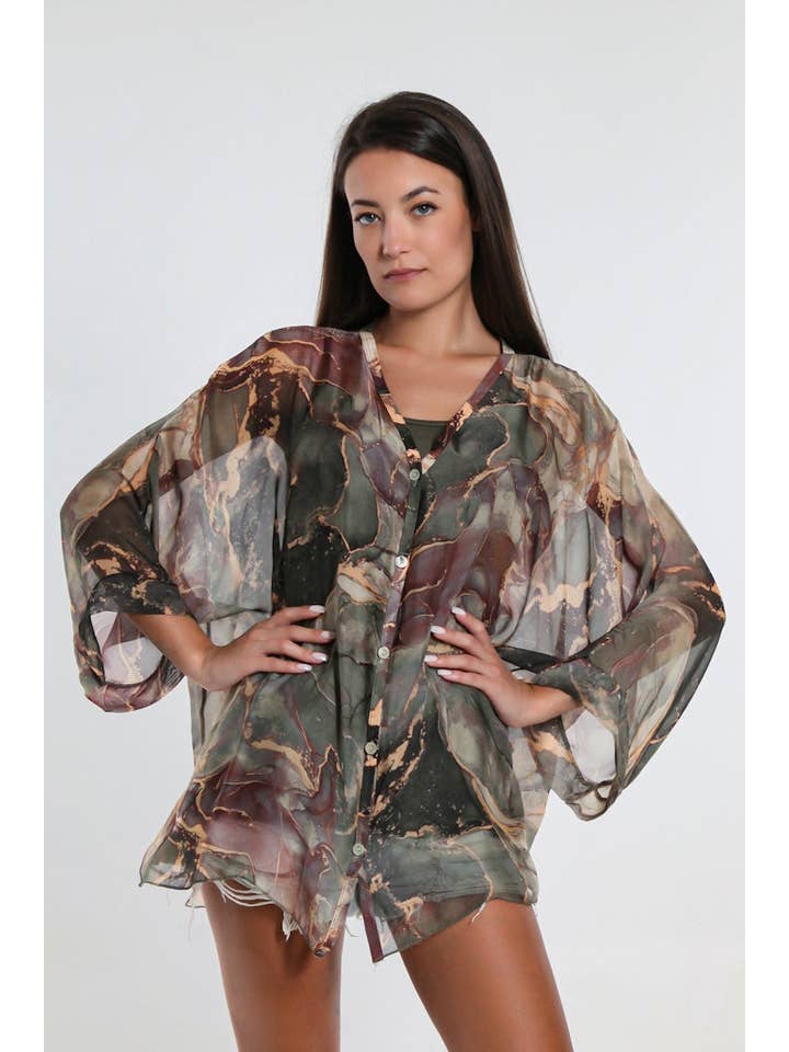 TINA Stephens Italy/Tees By Tina – Engroshandel Skjorte med buttondown – til kvinder – Rosana Marmor Silke Sheer Bluse m/Tank (BQ240M)6