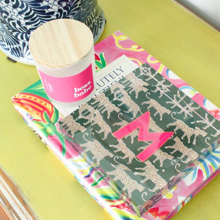 Clairebella Personalized Gifts & Pillows - Wholesale Decorative Tray - Leopard Green | Catchall Trays | Single Initial Valet Tray1