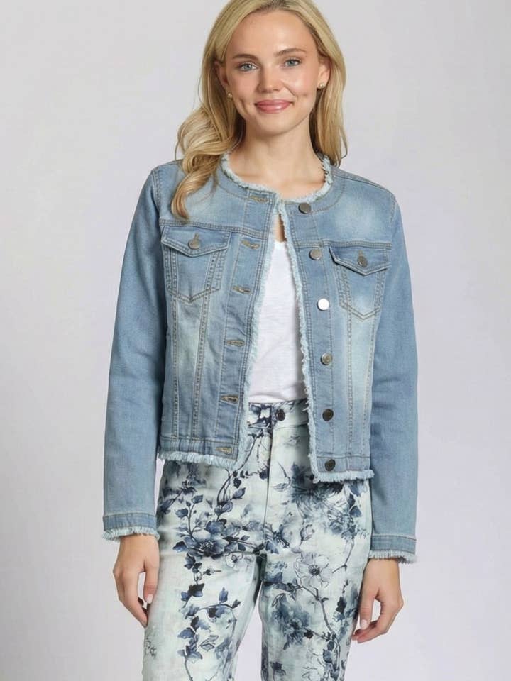 Collarless Jean Jacket With Frayed Detail - LIGHT INDIGO for wholesale by APNY