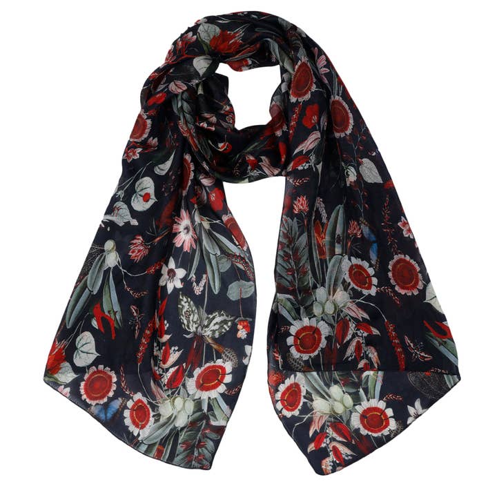 Namaskar Australia - Wholesale Scarf - Women's - Tropical Garden Scarf – Pure Silk Wrap | Red Botanical & Exotic Bird Australian Coastal Print on Black base