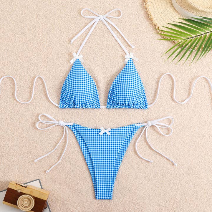 HIDDENBRAND - Wholesale Two Piece Swimsuit - Women's - Check Bow Sexy Split Bikini Swimsuit