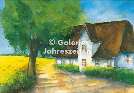 Karen Utermann Galerie Jahreszeiten – Großhandel Kunstdruck – Weißes Bauernhaus und Raps Aquarellserie Kunst Klappkarte0
