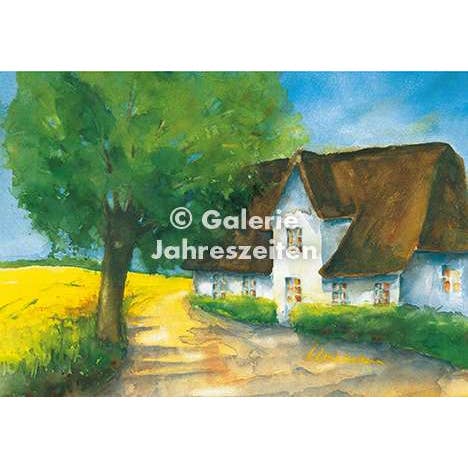 Karen Utermann Galerie Jahreszeiten – Großhandel Kunstdruck – Weißes Bauernhaus und Raps Aquarellserie Kunst Klappkarte