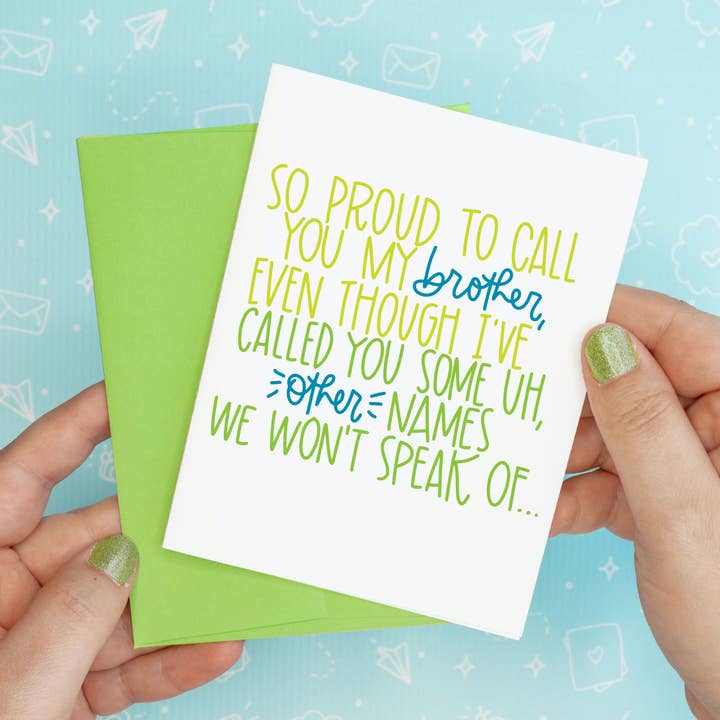 Divertente biglietto di auguri riciclato Proud to Call Brother per la vendita all'ingrosso da parte di Colette Paperie