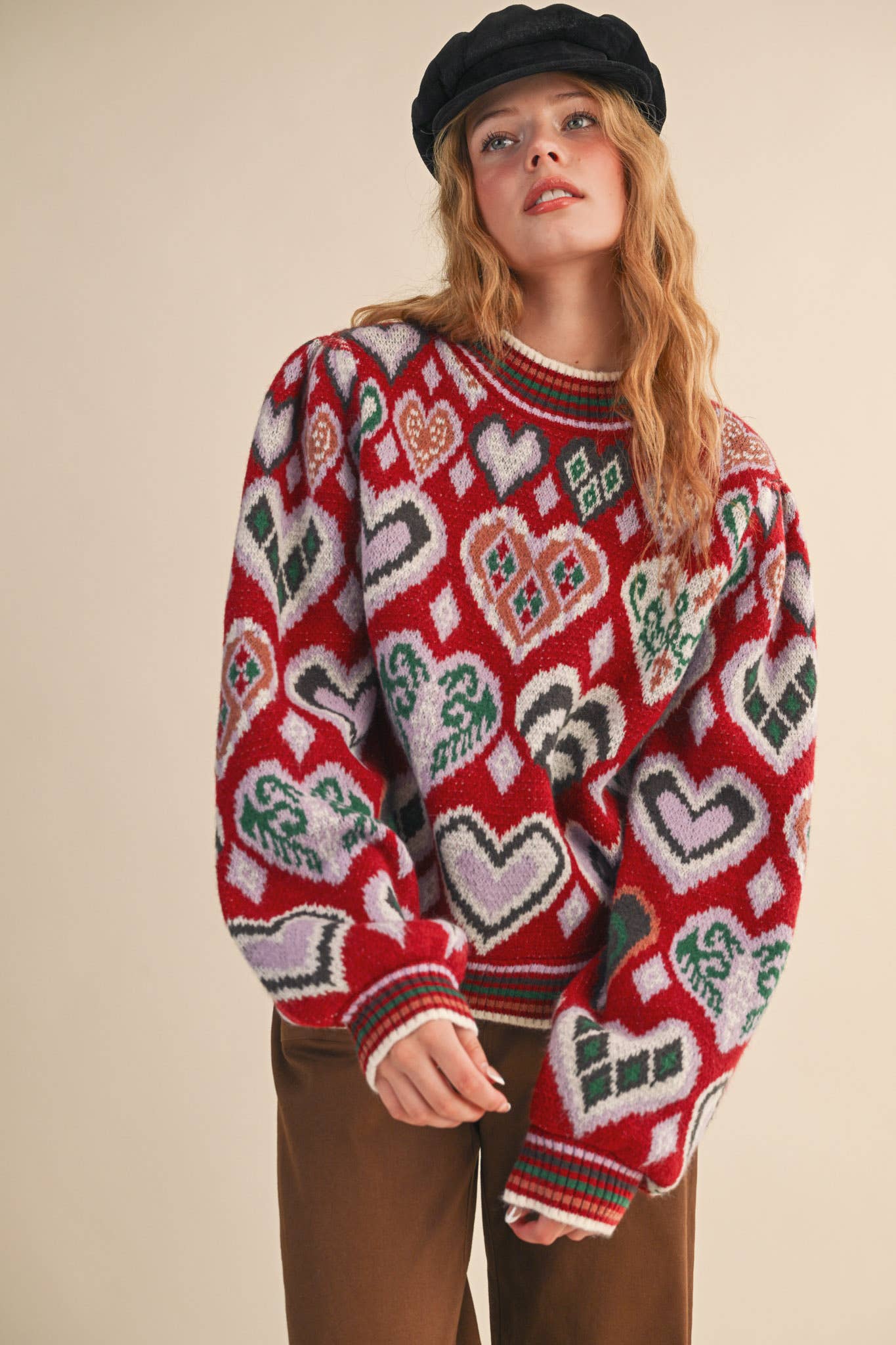 &MERCI - Wholesale Knit Sweater - Women's - HEART PATTERN PULLOVER SWEATER MSW1091345