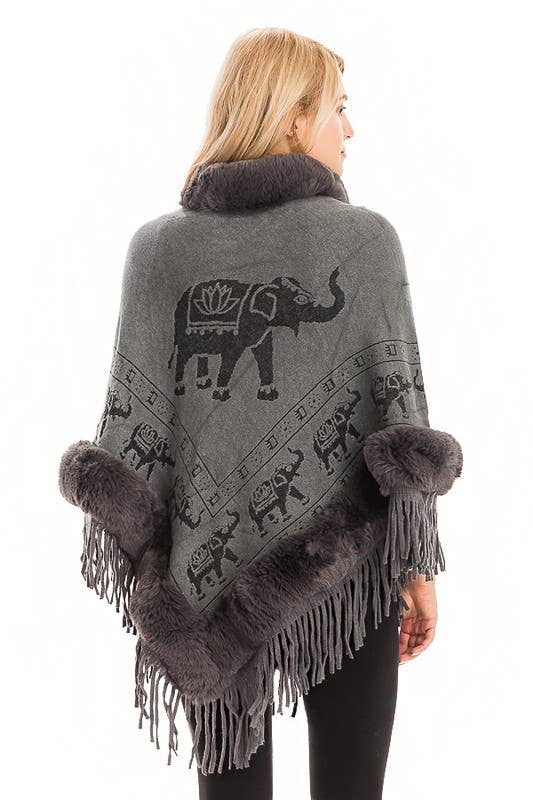 Cap Zone - Wholesale Poncho - Women's - Lucky Elephant Printed Fur Neckline Soft Cozy Poncho1