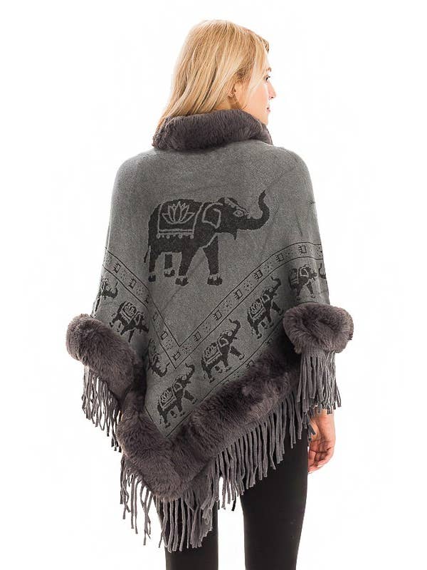 Cap Zone - Wholesale Poncho - Women's - Lucky Elephant Printed Fur Neckline Soft Cozy Poncho1