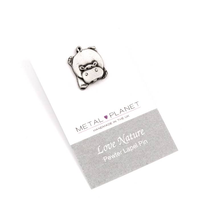 Pin de solapa de peltre hipopótamo, hecho a mano en el Reino Unido para venta al por mayor de Metal Planet Ltd