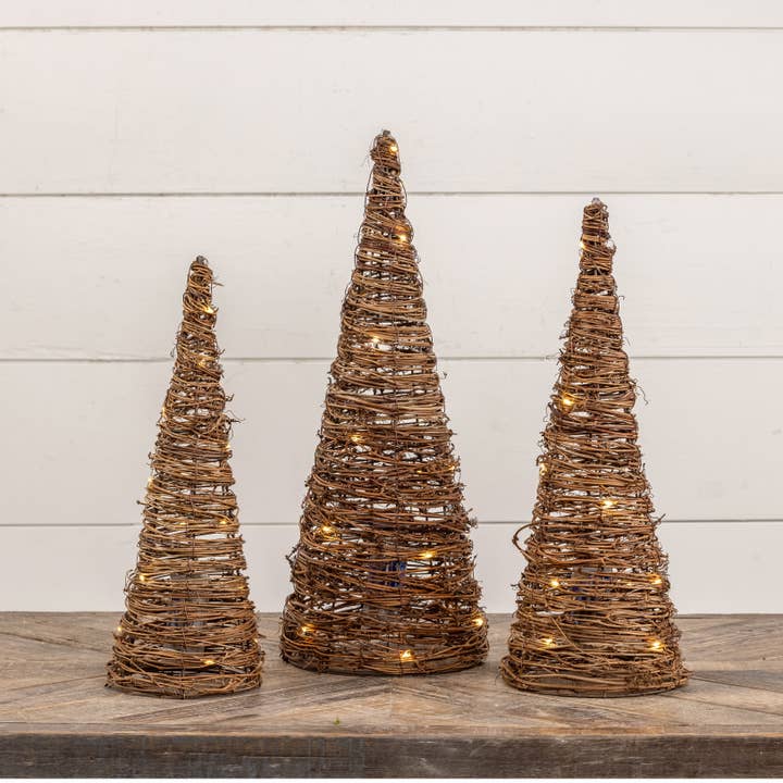 Ragon House - Wholesale Decorative Tabletop Object - SET/ 3 LIGHTED GRAPEVINE CONE TREES