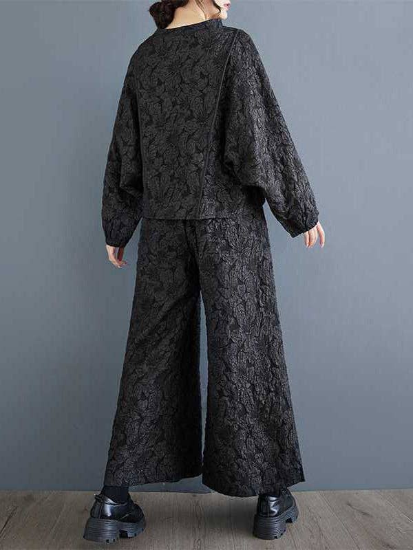 NERO Set di due pezzi con scollo tondo in tinta unita con tasche in jacquard elasticizzato a maniche lunghe in vendita all'ingrosso su Faire5