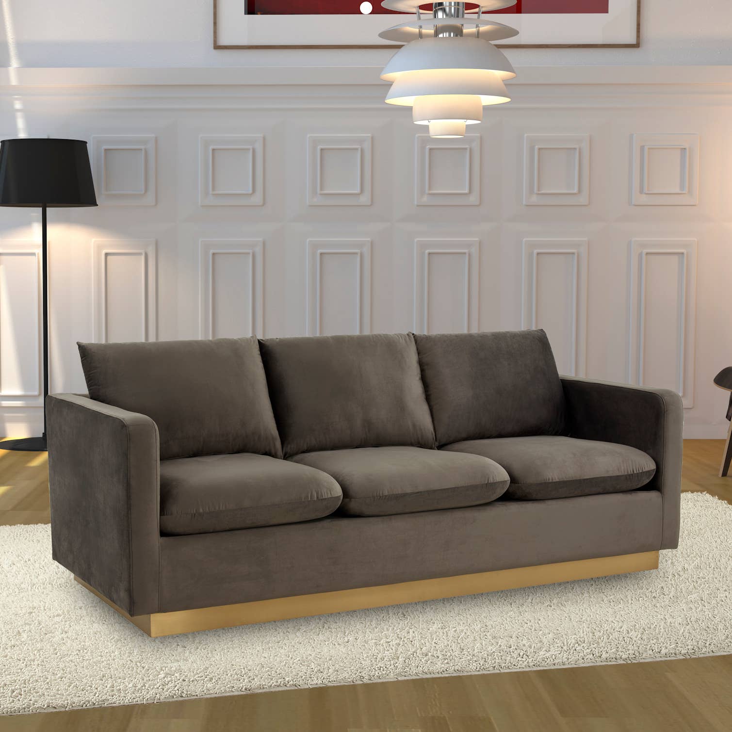 LeisureMod - Wholesale Sofa - Nervo 3-Seater Velvet/Leather Full Sofa with Gold Steel Base1