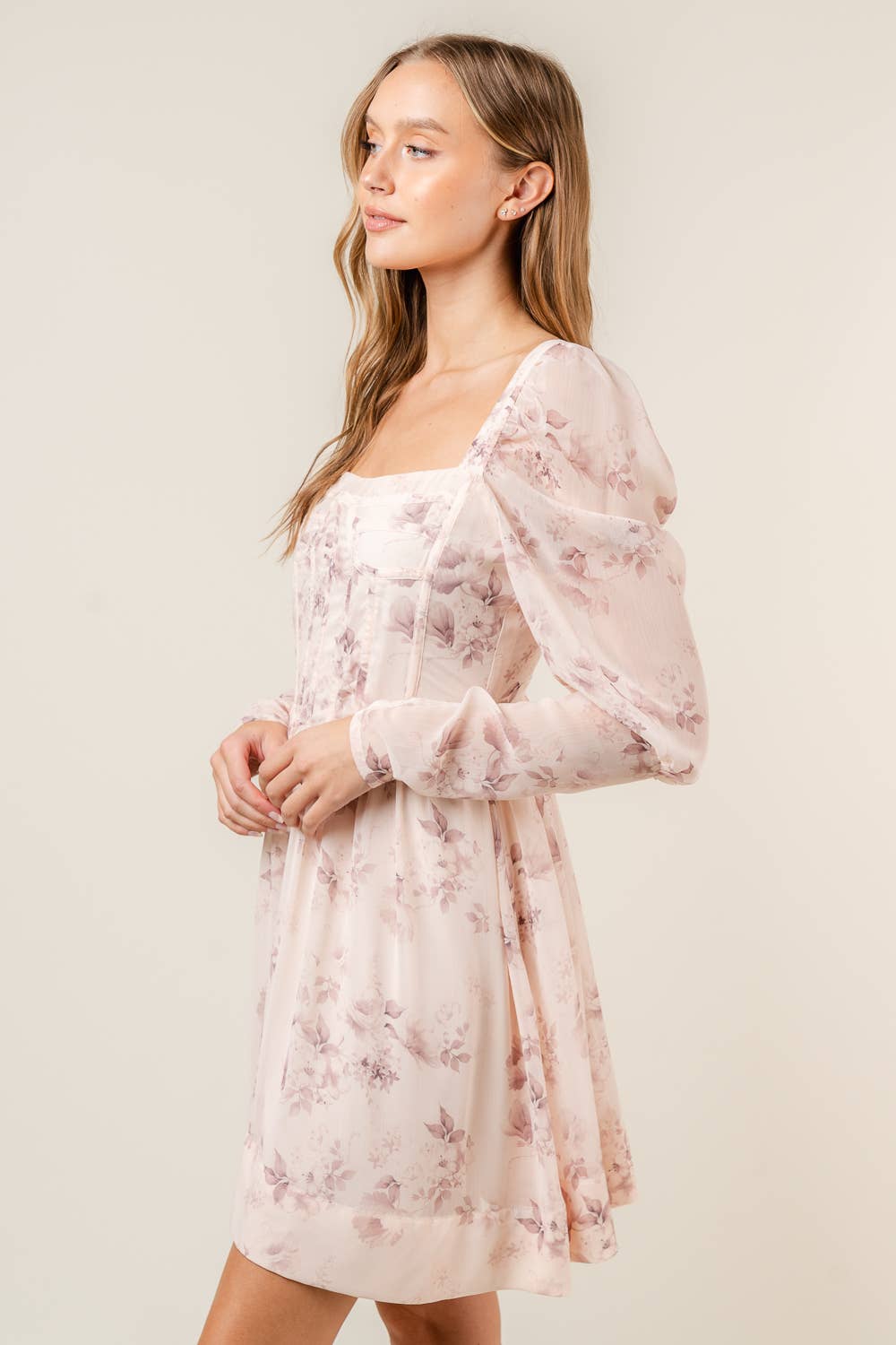 LT PEACH COQUETTE FLORAL PRINT CROSET BABYDOLL MINI DRESS-DI8432FO for wholesale on Faire1