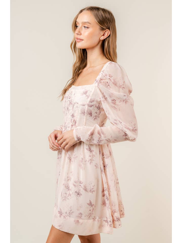 LT PEACH COQUETTE FLORAL PRINT CROSET BABYDOLL MINI DRESS-DI8432FO for wholesale on Faire1