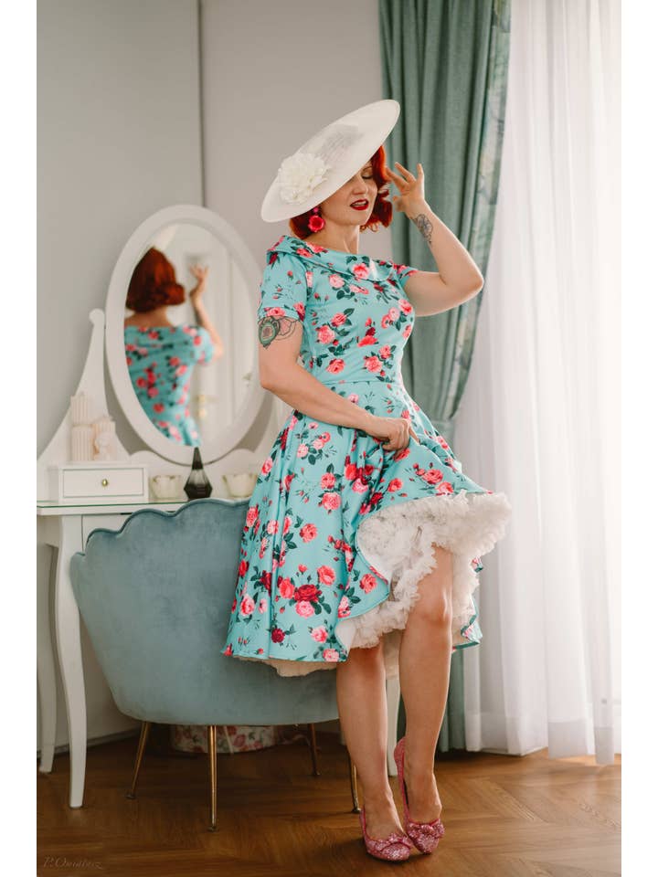 Dolly & Dotty - Wholesale Dress - Women's - 50s Style Rose Floral Off Shoulder Swing Dress in Aqua Blue